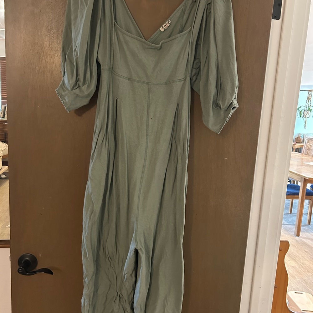 Free People Sage Green Square-Neck Balloon Sleeve Jumpsuit - Picture 2 of 6